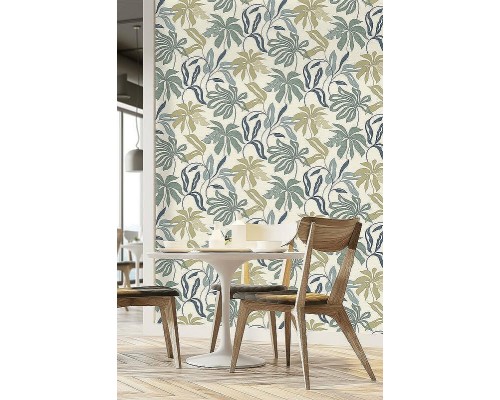 Обои Grandeco Universe 4 UR 3410 Винил на флизелине (1,06x10,05) Бежевый/Синий/Зеленый, Листья/Рогожка
