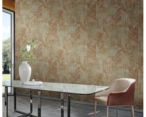 Обои Zambaiti Parati Trussardi VII 18913 Винил на флизелине (0,7x10,05) Коричневый/Бирюзовый, Геометрия/Листья/Рогожка