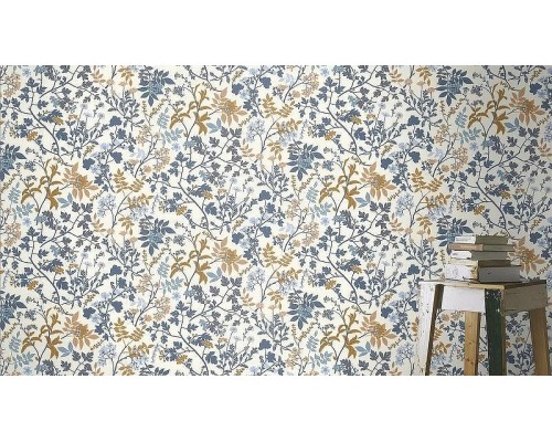 Обои RASCH Garden 868500 Винил на флизелине (0,53x10,05) Белый/Синий/Оранжевый, Листья/Цветы