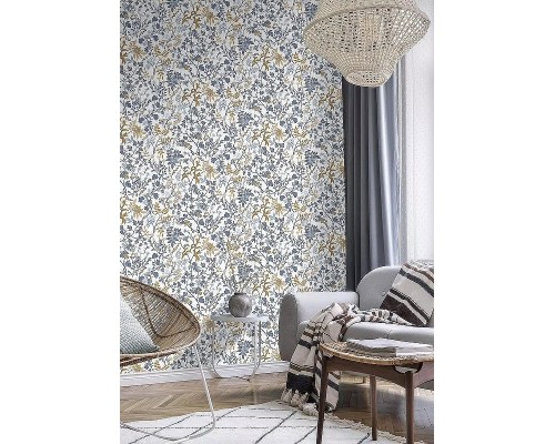 Обои RASCH Garden 868500 Винил на флизелине (0,53x10,05) Белый/Синий/Оранжевый, Листья/Цветы