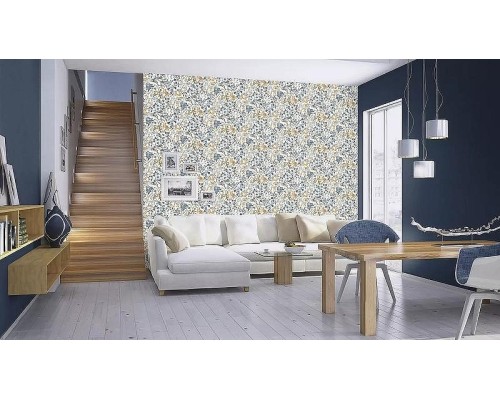 Обои RASCH Garden 868500 Винил на флизелине (0,53x10,05) Белый/Синий/Оранжевый, Листья/Цветы
