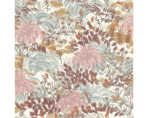 Обои RASCH Garden 868302 Винил на флизелине (0,53x10,05) Розовый/Бежевый/Бирюзовый, Листья/Цветы