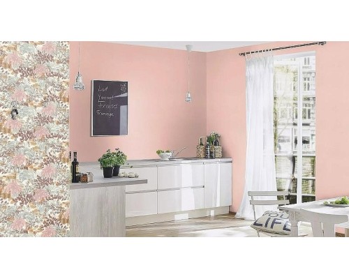 Обои RASCH Garden 868302 Винил на флизелине (0,53x10,05) Розовый/Бежевый/Бирюзовый, Листья/Цветы