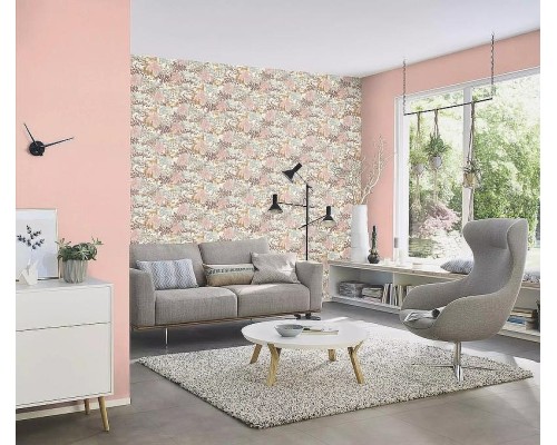 Обои RASCH Garden 868302 Винил на флизелине (0,53x10,05) Розовый/Бежевый/Бирюзовый, Листья/Цветы