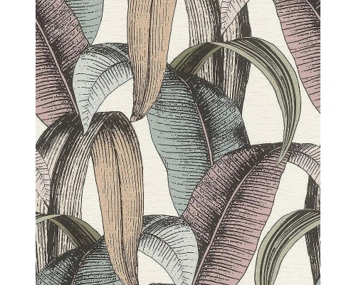 Обои RASCH Garden 867961 Винил на флизелине (0,53x10,05) Бежевый/Бирюзовый/Розовый, Листья