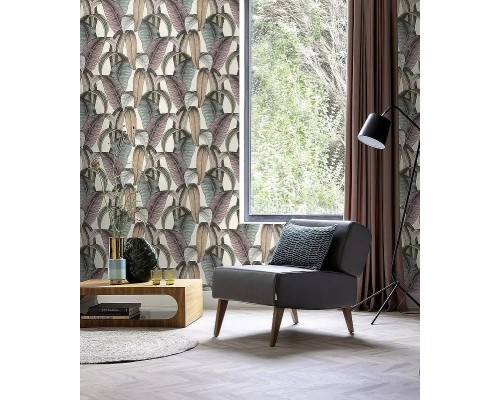 Обои RASCH Garden 867961 Винил на флизелине (0,53x10,05) Бежевый/Бирюзовый/Розовый, Листья