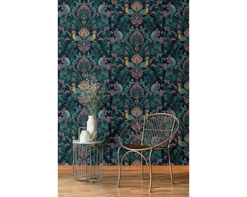 Обои Grandeco Arcadia A 67802 Винил на флизелине (0,53x10,05) Зеленый/Синий, Дамаск/Птицы