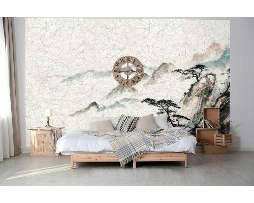 Панно Marburg Lava 46995 Винил на флизелине (2,12x4,24) Бежевый/Черный/Зеленый/Белый, Облака/Деревья