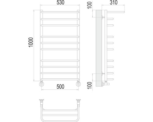 Водяной полотенцесушитель Terminus Арктур П10 500х1000 4670078529459 с полкой цвет Хром, нижнее подключение, G 1/2" ВР, с угловым соединением