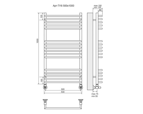 Водяной полотенцесушитель Terminus Арт П16 500х1000 4670078513380 цвет Хром, нижнее подключение, G 1/2" ВР, с комплектом вентилей