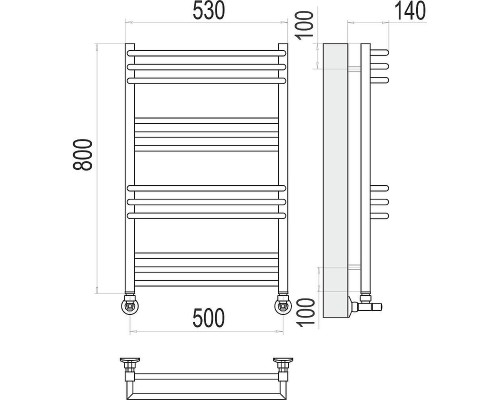 Водяной полотенцесушитель Terminus Кельн П12 500х800 4630080268364 цвет Хром, нижнее подключение, G 1/2" ВР, с комплектом вентилей