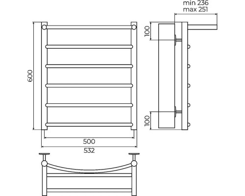 Водяной полотенцесушитель Terminus Классик П6 500х600 4670078556752 с полкой цвет Хром, нижнее подключение, G 1/2" ВР