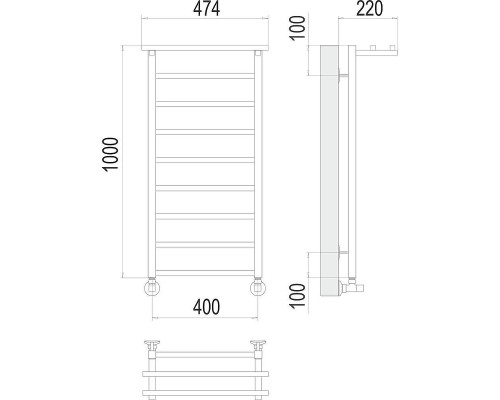 Водяной полотенцесушитель Terminus Контур П9 400х1000 4670078529732 с полкой цвет Хром, нижнее подключение, G 1/2" ВР, с угловым соединением