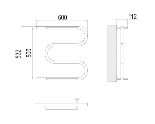 Водяной полотенцесушитель Terminus М-образный с/п (1) 500x600 4620768880346 с полкой цвет Хром, боковое подключение, G 1" НР