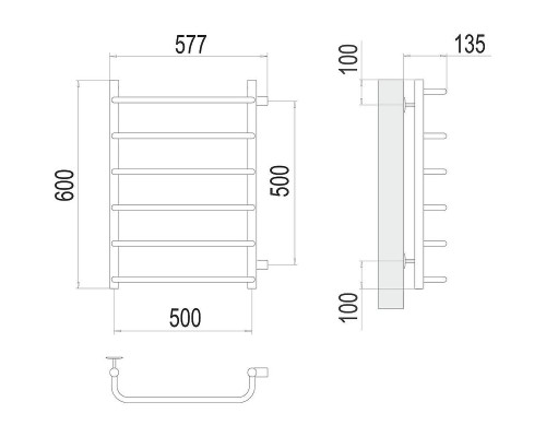 Водяной полотенцесушитель Terminus Стандарт П6 500х600 бп500 4670078530349 цвет Хром, боковое подключение, G 1" НР