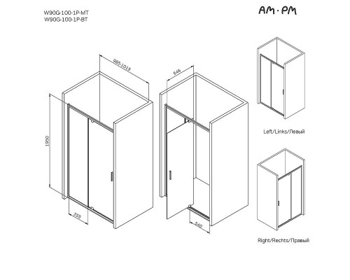 Душевая дверь AM.PM Gem 100 W90G-100-1P-BT профиль Черный матовый стекло прозрачное