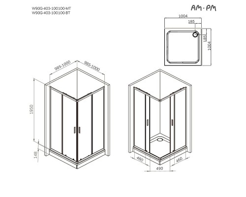 Душевой уголок AM.PM Gem 100х100 W90G-403-100100-MT профиль Хром матовый стекло прозрачное