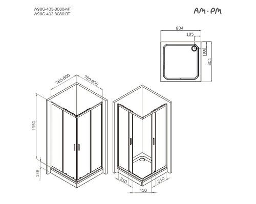 Душевой уголок AM.PM Gem 80х80 W90G-403-8080-BT профиль Черный матовый стекло прозрачное