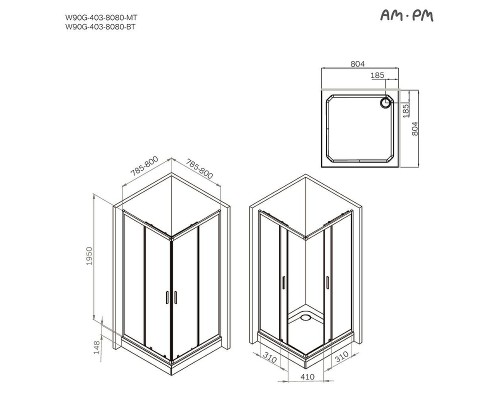 Душевой уголок AM.PM Gem 80х80 W90G-403-8080-MT профиль Хром матовый стекло прозрачное