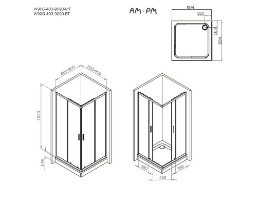 Душевой уголок AM.PM Gem 90х90 W90G-403-9090BT профиль Черный матовый стекло прозрачное