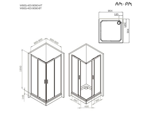 Душевой уголок AM.PM Gem 90х90 W90G-403-9090MT профиль Хром матовый стекло прозрачное