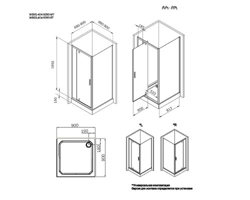 Душевой уголок AM.PM Gem 90х90 W90G-404-9090-BT профиль Черный матовый стекло прозрачное