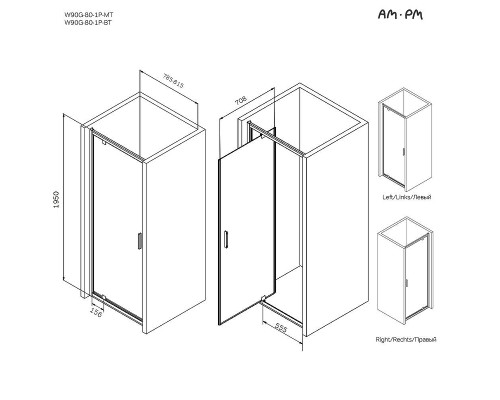 Душевая дверь AM.PM Gem 80 W90G-80-1P-BT профиль Черный матовый стекло прозрачное