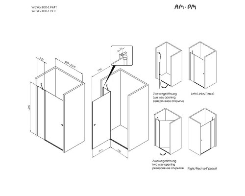 Душевая дверь AM.PM Sunny 100 W87G-100-1P-BT профиль Черный матовый стекло прозрачное