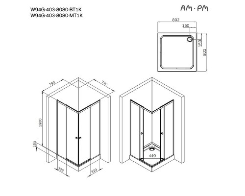 Душевой уголок AM.PM X-Joy 80х80 W94G-403-8080-BT1K профиль Черный матовый стекло прозрачное