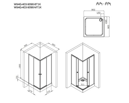 Душевой уголок AM.PM X-Joy 90х90 W94G-403-9090-MT1K профиль Хром матовый стекло прозрачное