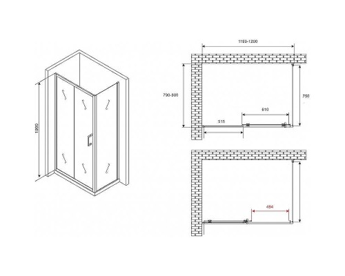 Душевой уголок Abber Schwarzer Diamant 120x80 AG30120B5-S80B5 профиль Черный стекло прозрачное