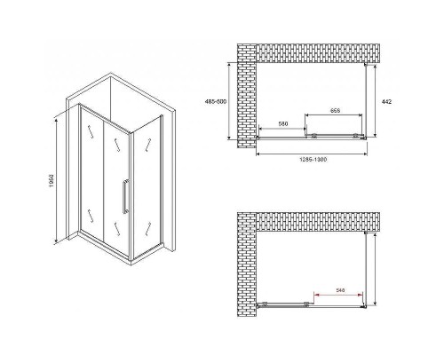 Душевой уголок Abber Schwarzer Diamant 130x50 AG30130H-S50 профиль Хром стекло прозрачное