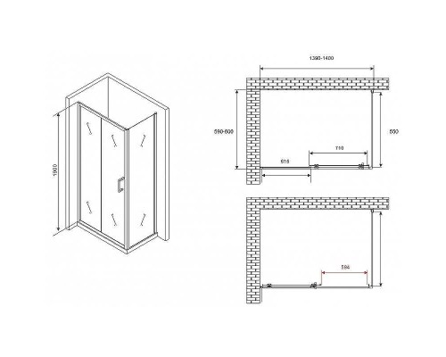 Душевой уголок Abber Schwarzer Diamant 140x60 AG301405-S605 профиль Хром стекло прозрачное