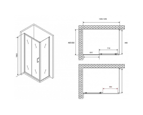 Душевой уголок Abber Schwarzer Diamant 140x50 AG30140B5-S50B5 профиль Черный стекло прозрачное