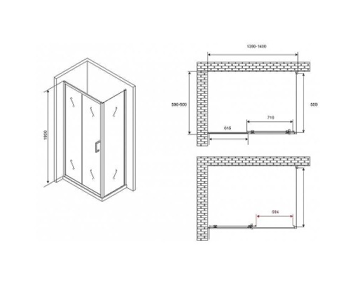 Душевой уголок Abber Schwarzer Diamant 140x60 AG30140B5-S60B5 профиль Черный стекло прозрачное