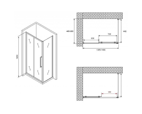 Душевой уголок Abber Schwarzer Diamant 140x50 AG30140BH-S50B профиль Черный стекло прозрачное