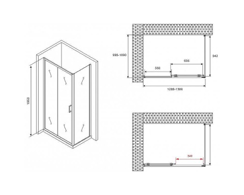 Душевой уголок Abber Schwarzer Diamant 130x100 AG30130BMH-S100BM профиль Черный стекло матовое