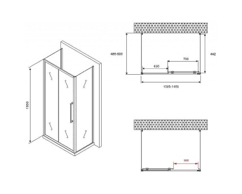 Душевой уголок Abber Schwarzer Diamant 140x50 AG30140H-S50-S50 профиль Хром стекло прозрачное