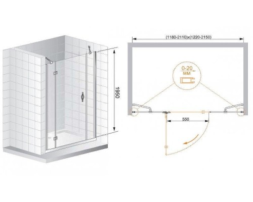 Душевая дверь Cezares BERGAMO-W-B-13-100+60/40-C-Cr-R профиль Хром стекло прозрачное
