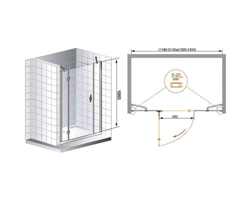 Душевая дверь Cezares Bergamo 215 R BERGAMO-W-B-13-100+60/60-C-Cr-R профиль Хром стекло прозрачное