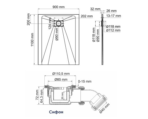 Душевой поддон из стеклопластика WasserKRAFT Elbe 110x90 74T15 Черный матовый