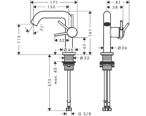 Смеситель для раковины Hansgrohe Tecturis S 73320140 Шлифованная бронза