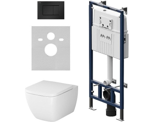 Комплект унитаза с инсталляцией AM.PM Gem FlashClean IS100238.901701 с сиденьем Микролифт и Черной матовой клавишей смыва