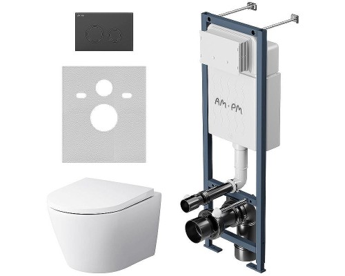 Комплект унитаза с инсталляцией AM.PM Sense FlashClean IS110138.741701 с сиденьем Микролифт и Черной матовой клавишей смыва