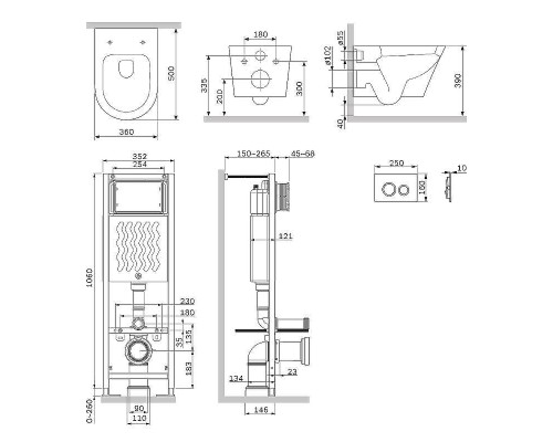 Комплект унитаза с инсталляцией AM.PM Sense FlashClean IS110138.741701 с сиденьем Микролифт и Черной матовой клавишей смыва