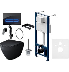 Комплект унитаза с инсталляцией AM.PM Spirit CK70GH Черный матовый с сиденьем Микролифт с Черной глянцевой клавишей смыва с гигиеническим душем и аксессуарами для ванной комнаты