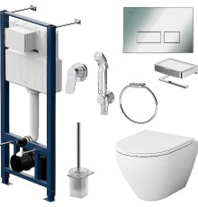 Комплект унитаза с инсталляцией AM.PM Spirit V2.0 CK70HA с сиденьем Микролифт с клавишей смыва Хром с гигиеническим душем и аксессуарами для ванной комнаты