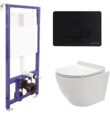 Комплект унитаза AQUAme AQM2002 с инсталляцией Berges Novum D5 040235 с сиденьем Микролифт и Черной матовой клавишей смыва