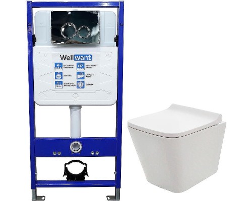 Комплект унитаза AQUAme AQM2004 с инсталляцией WellWant Standart 50 WWISI1110B с сиденьем Микролифт и клавишей смыва Хром глянцевый
