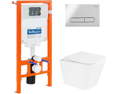 Комплект унитаза с инсталляцией BelBagno Due BB3103CHR/SC/BB002-80/BB005-PR-CHROME с сиденьем Микролифт и клавишей смыва Хром